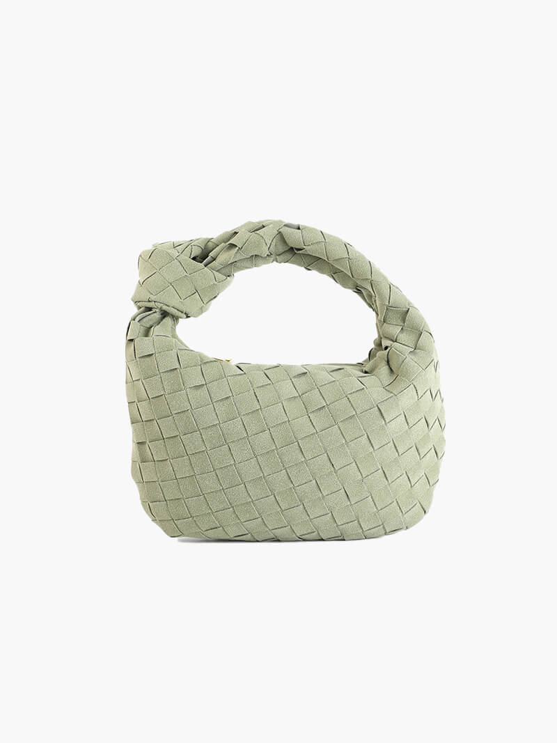Woven Faux Suede Mini Handbag – Knotted Handle — Olive Green, front view | BTendance