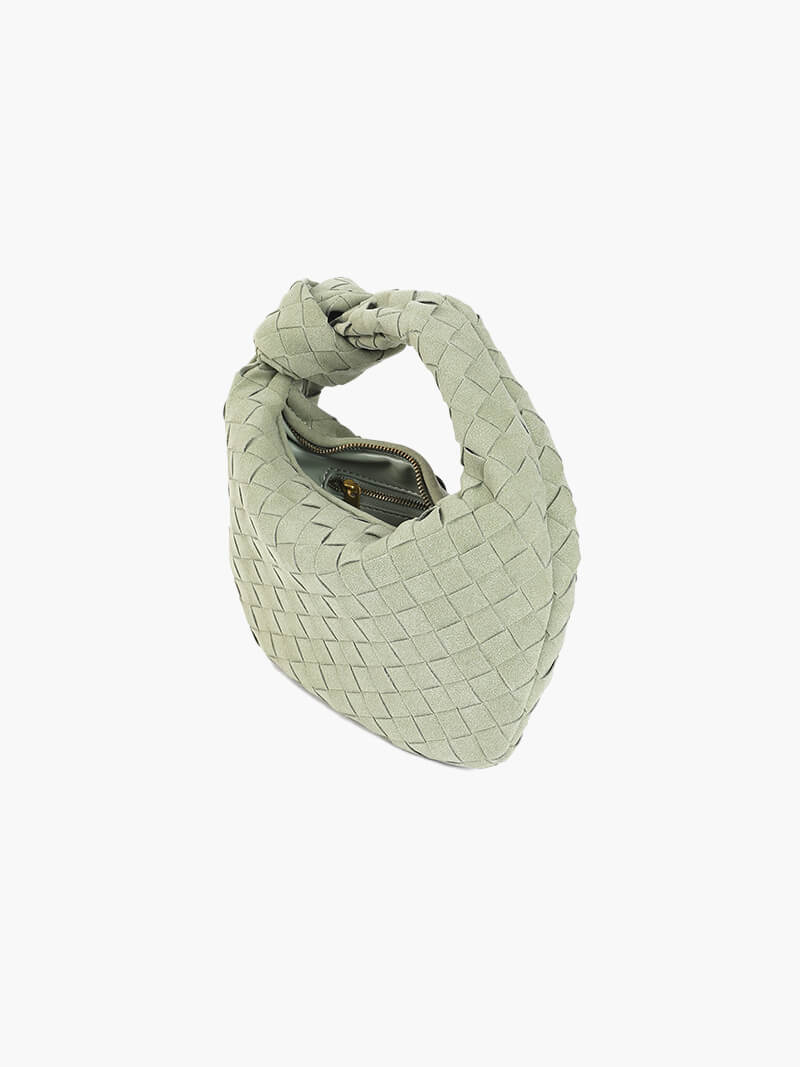 Woven Faux Suede Mini Handbag – Knotted Handle — Olive Green, angled top view | BTendance