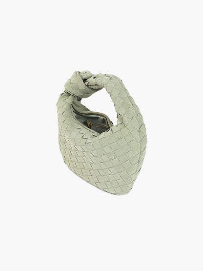 Woven Faux Suede Mini Handbag – Knotted Handle — Olive Green, angled top view | BTendance