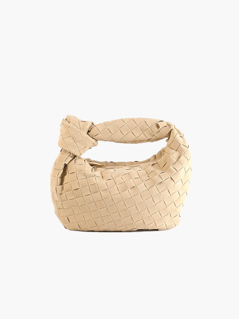 Woven Faux Suede Mini Handbag – Knotted Handle — Beige, front view | BTendance