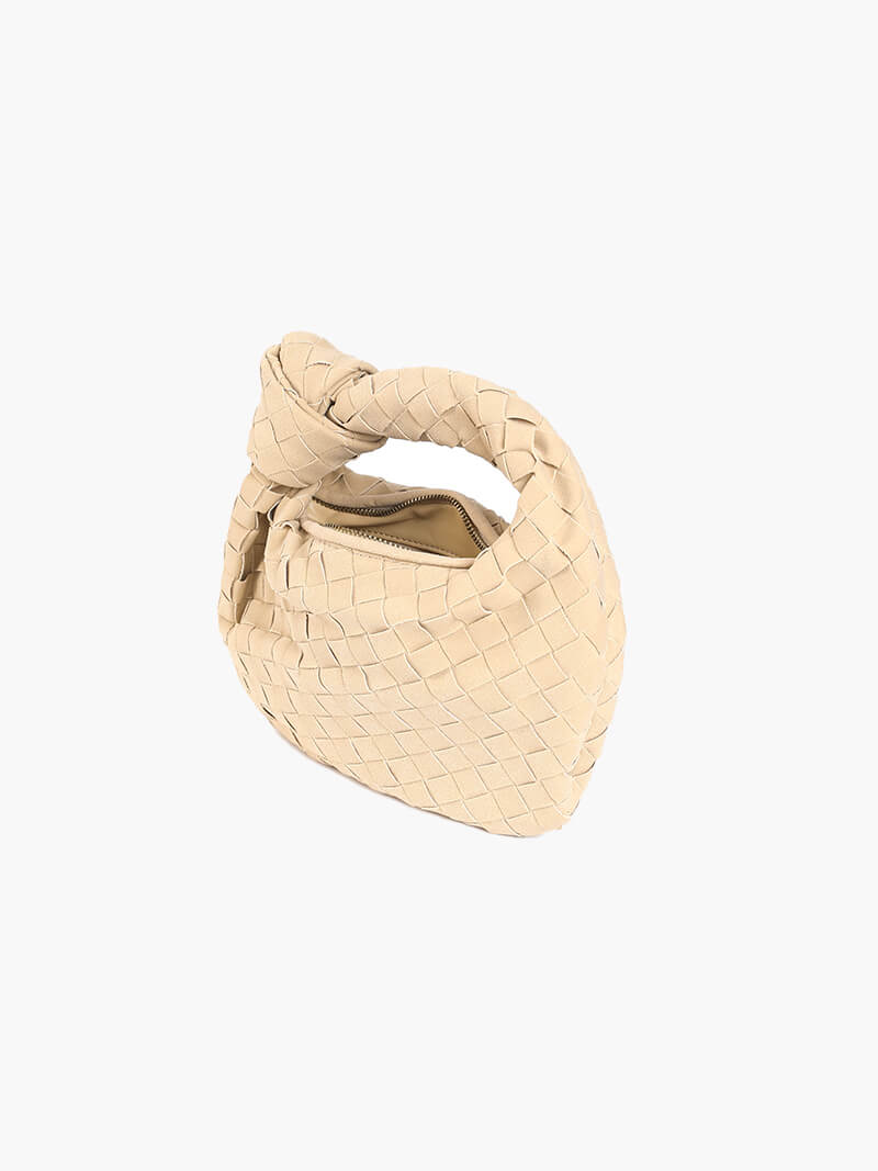 Woven Faux Suede Mini Handbag – Knotted Handle — Beige, angled top view | BTendance