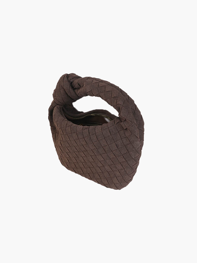 Woven Faux Suede Mini Handbag – Knotted Handle — Coffee, angled top view | BTendance
