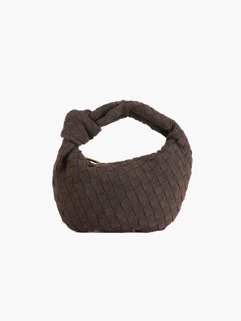 Woven Faux Suede Mini Handbag – Knotted Handle — Coffee, front view | BTendance
