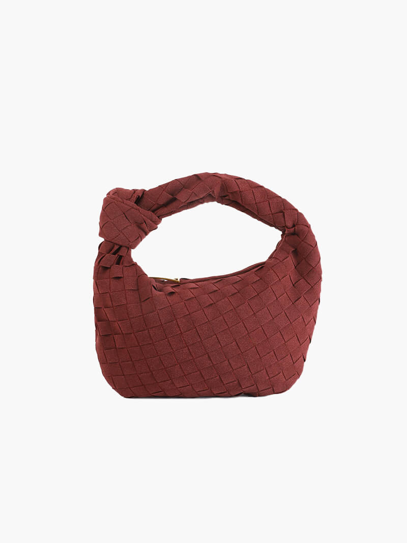 Woven Faux Suede Mini Handbag – Knotted Handle — Burgundy, front view | BTendance