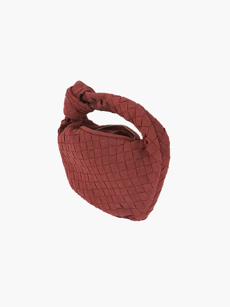 Woven Faux Suede Mini Handbag – Knotted Handle — Burgundy, angled top view | BTendance