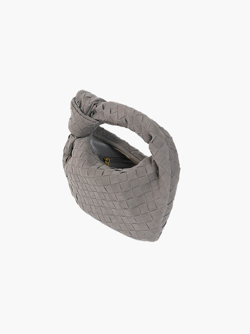 Woven Faux Suede Mini Handbag – Knotted Handle — Grey, angled top view | BTendance