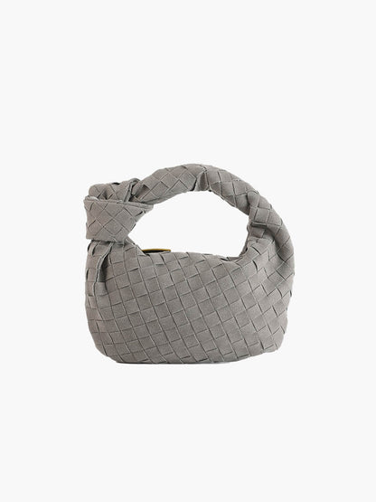 Woven Faux Suede Mini Handbag – Knotted Handle — Grey, front view | BTendance