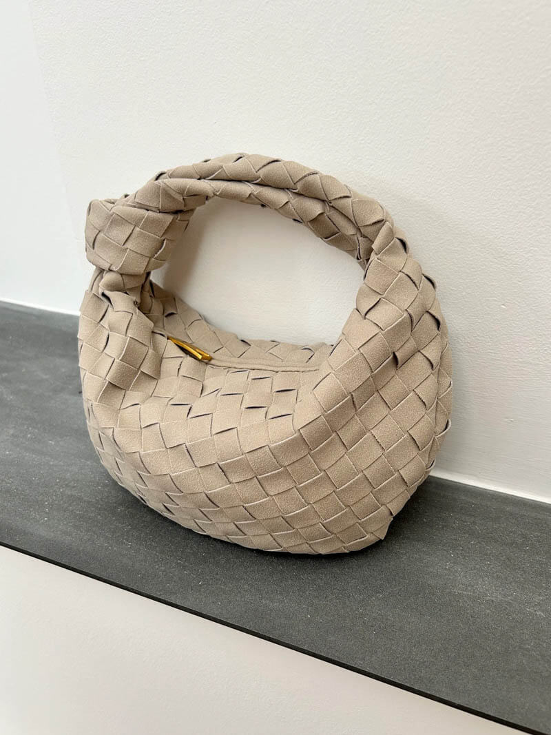 Woven Faux Suede Mini Handbag – Knotted Handle — Beige, woven texture and handle close-up | BTendance