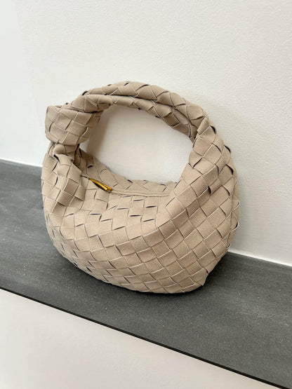 Woven Faux Suede Mini Handbag – Knotted Handle — Beige, woven texture and handle close-up | BTendance