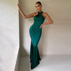 Women's Evening Gown Black Size M Satin Halter Neck-3