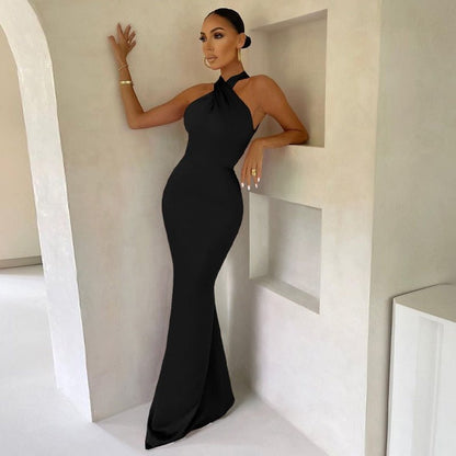 Women's Evening Gown Black Size M Satin Halter Neck-4